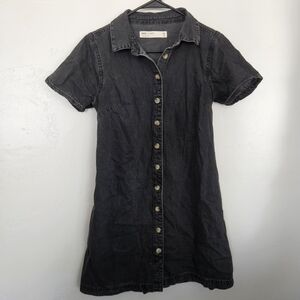 Asos Women's 6 Black Denim Button-Up Dress Short Sleeve Knee Length Midi Jean